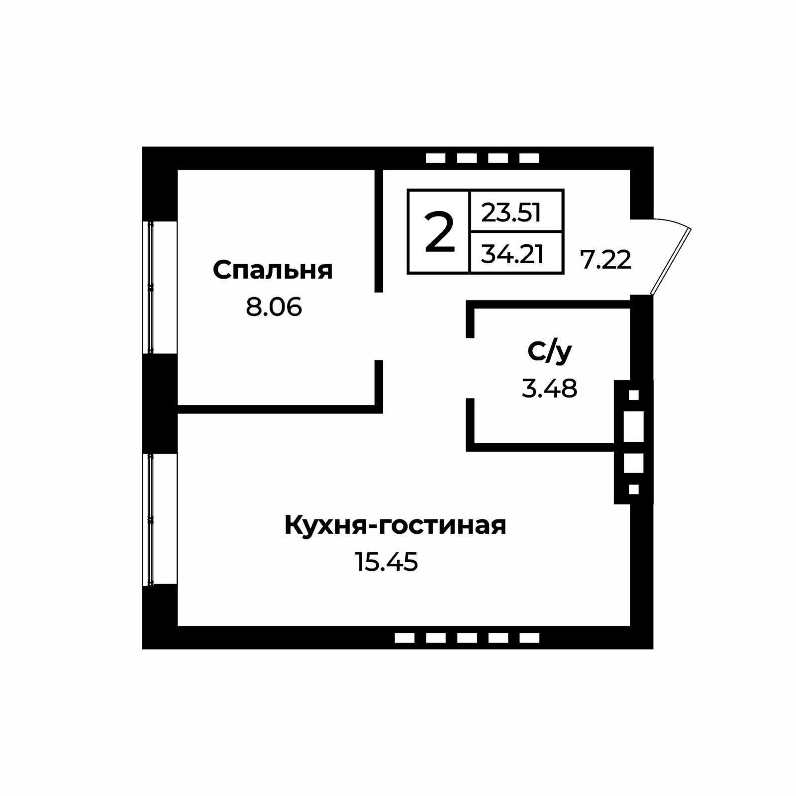 1-комнатная квартира, 34.21кв.м.