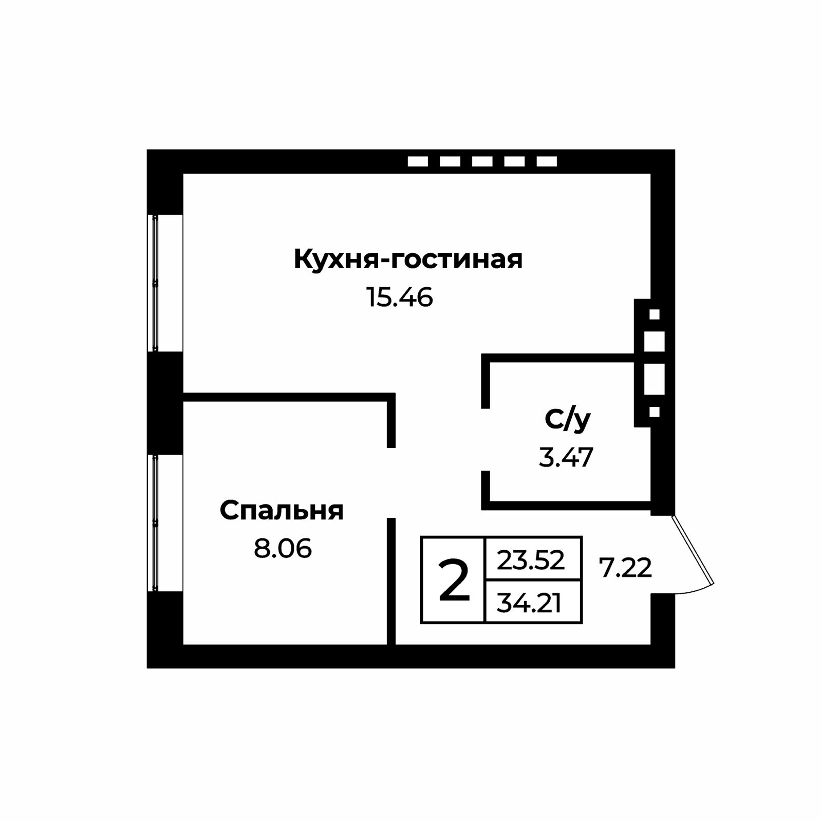 1-комнатная квартира 34.21 кв. м.